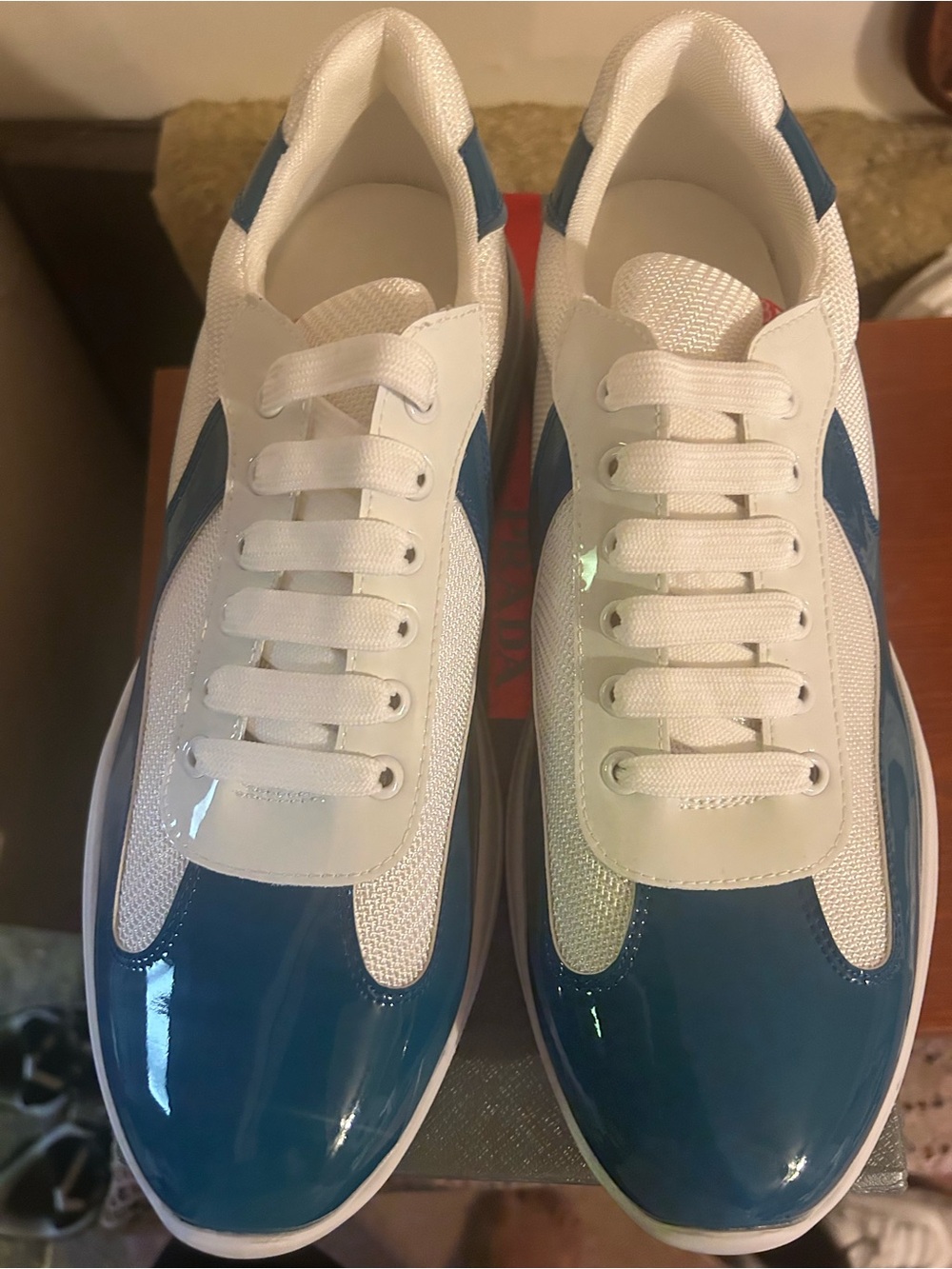 Prada White and Blue Men’s Leather & Mesh Sneakers